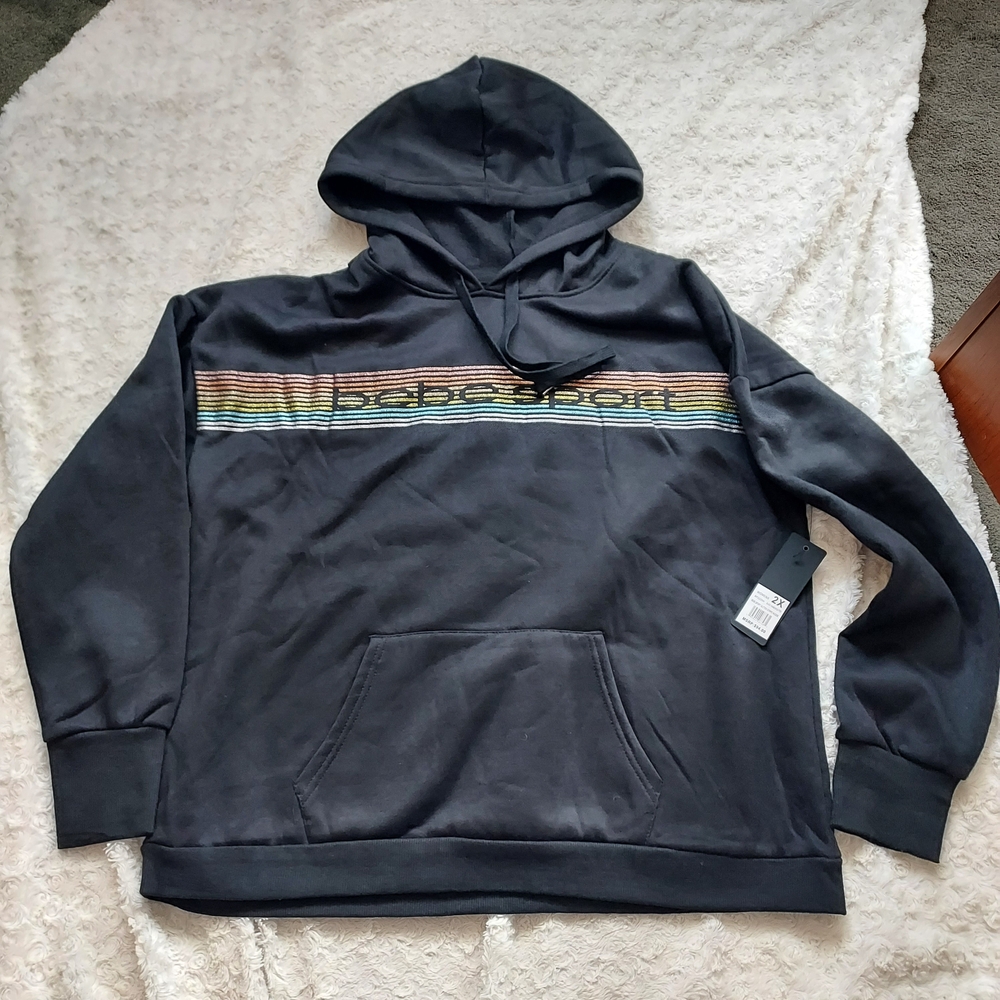 Bebe Sport Black Hoodie Sparkle Stripes Kangaroo Pocket 2X Cool Weather Casual